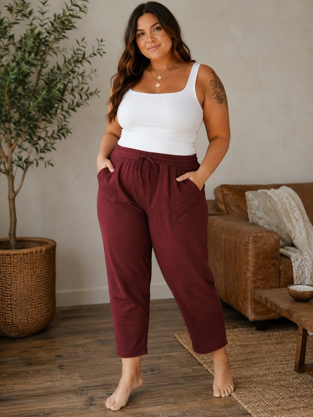 Cozy High-Rise Drawstring Joggers - Burgundy